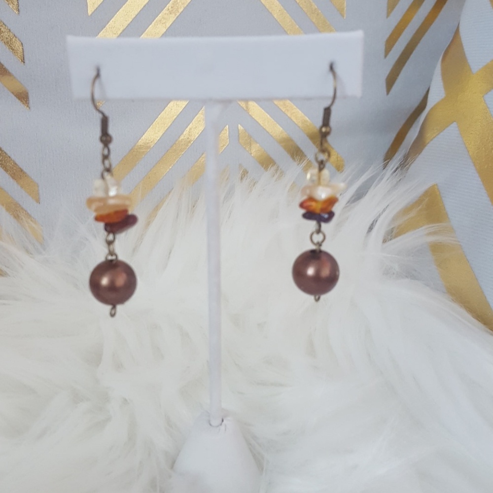 PTB brown beaded chipped gemstone dangle earrings